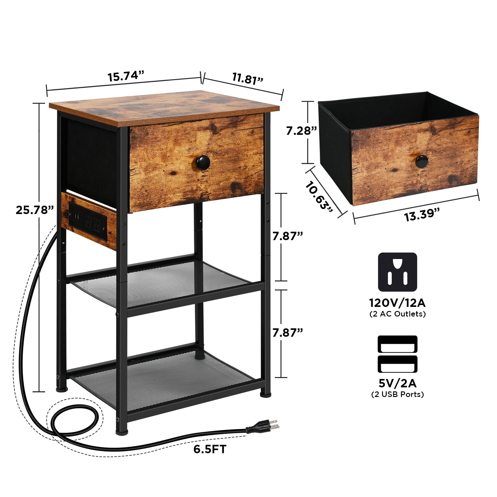 Ollieroo Modern Nightstand with 2 Storage Shelves & Charging Station, Rustic Brown