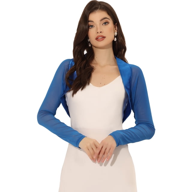 Cárdigan corto con parte delantera abierta para mujer, elegante, Bolero, para boda, negocios Azul real XL