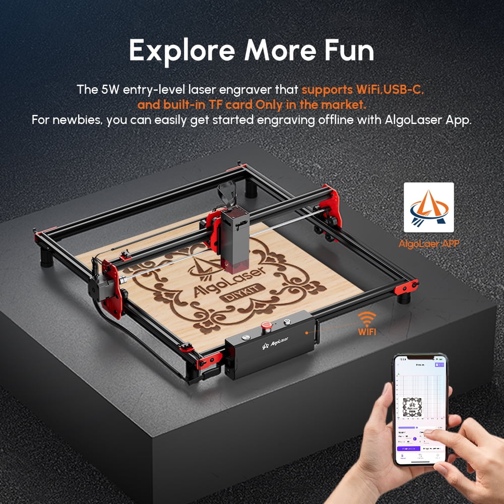 Algo DIY KIT 5W Engraver, Super Easy Cutting Engraving Machine for DIY Acrylic, Wood and Metal, 12000mm/min Engraving Speed Support WiFi and Emergency Stop