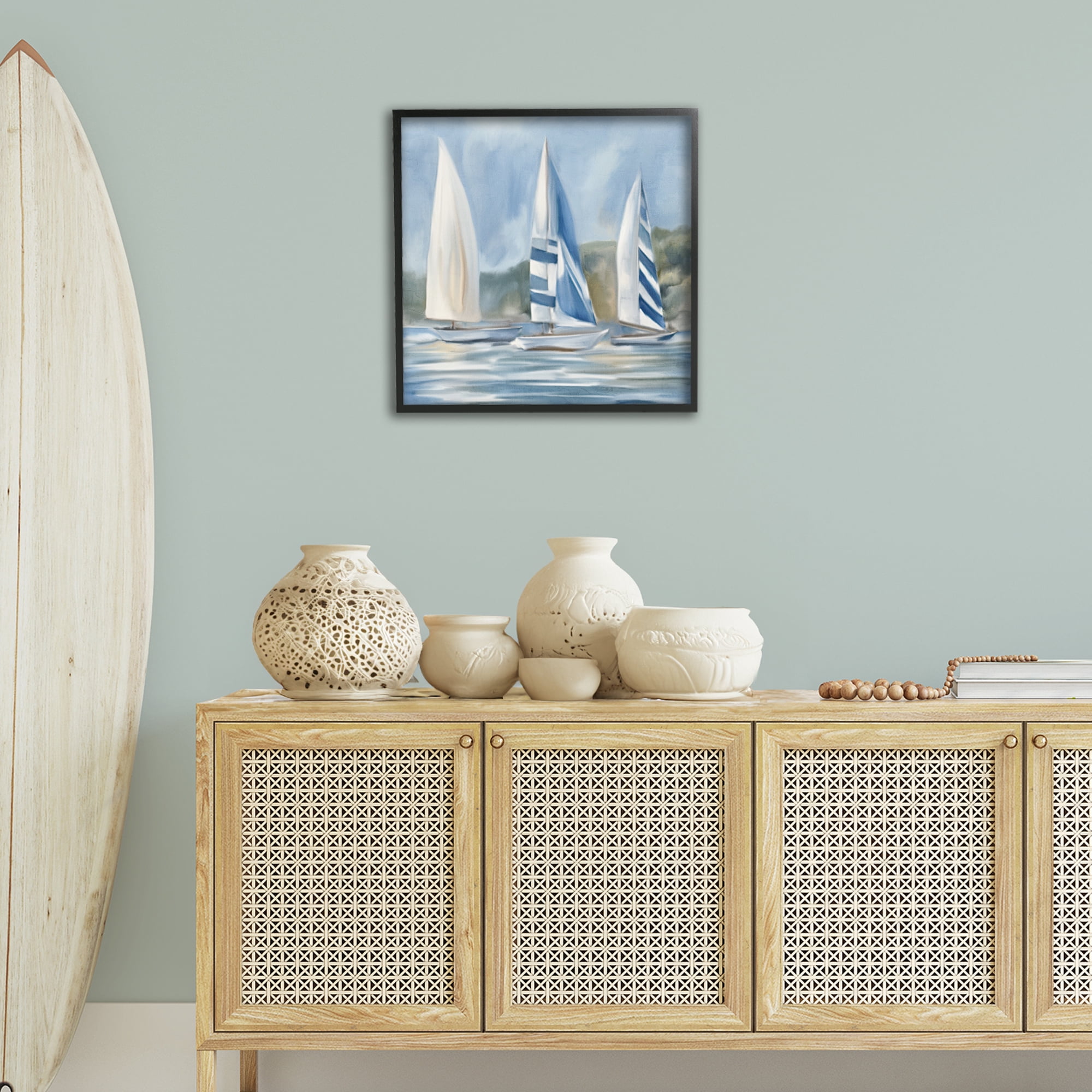 Stupell Industries Sailboat Trio Drifting Coastal Painting Black Framed Art Print Wall Art, 24 x 24