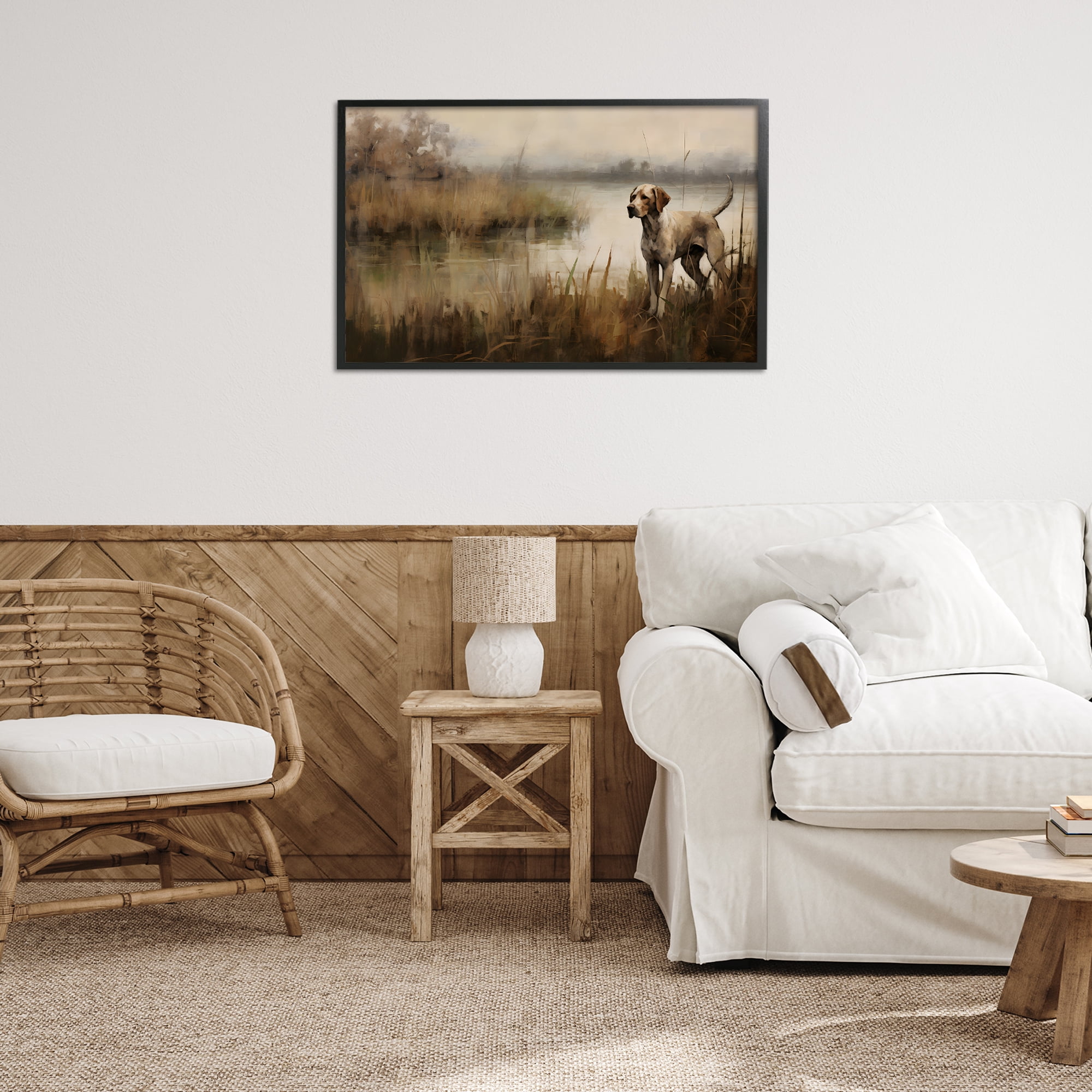 Stupell Industries Hunting Dog in Nature Landscape Painting Black Framed Art Print Wall Art, 30 x 20