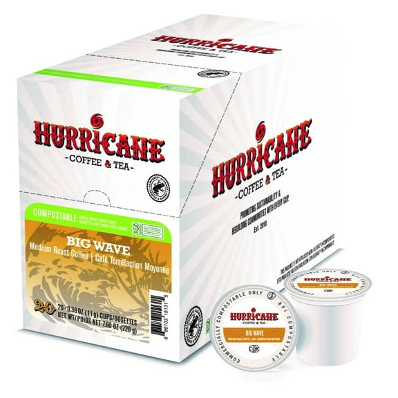 Hurricane Coffee Big Wave Medium Roast Coffee, Compostable Single Cup Coffee Pods Compatible with Keurig K-Cup Brewers, 20 Count
