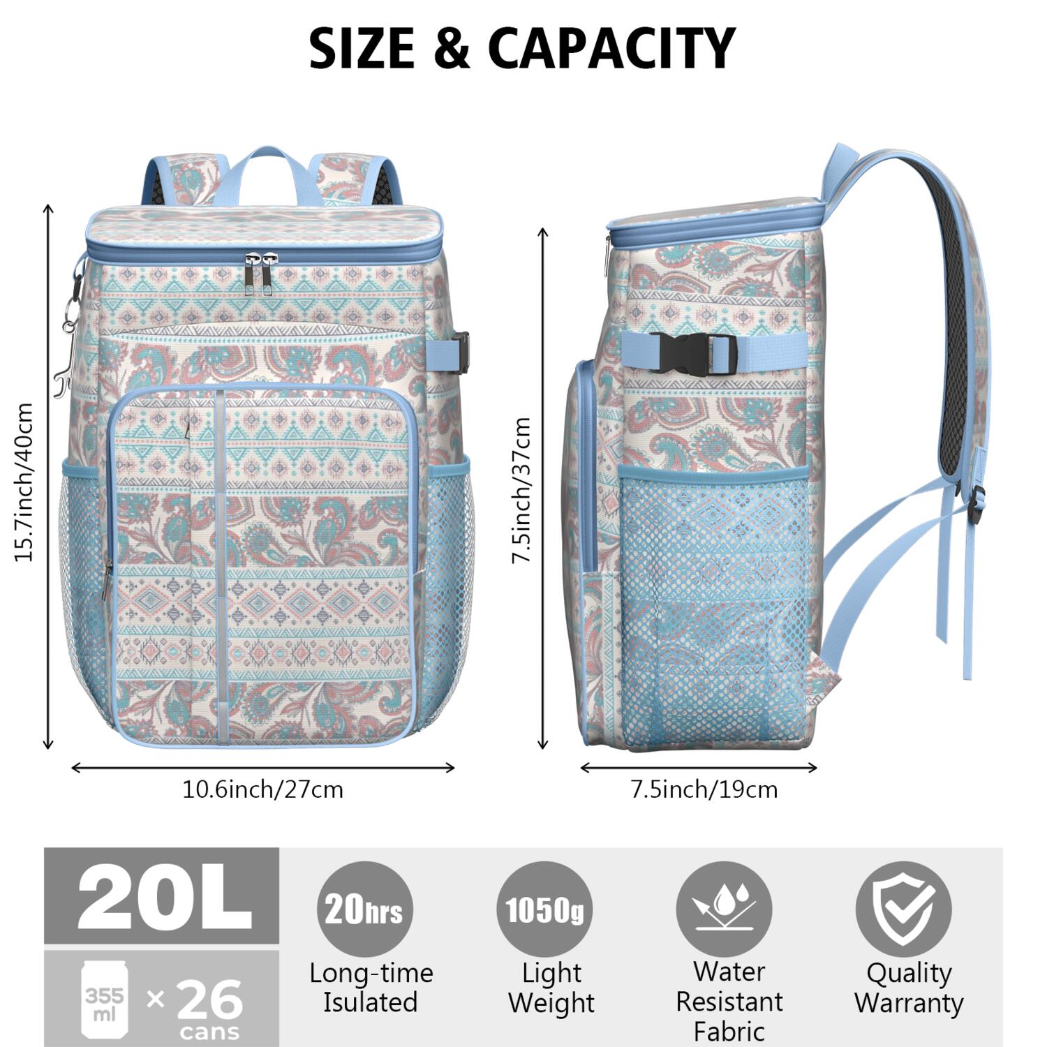 Travel Cooler Bag - Boho Bohemia Pioneer Flower Geometric Line Art Camping Beer Cooler Backpack with Bottle Opener- Waterproof Insulated Picnic Backpacks - Cooler Bag for Beach