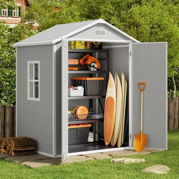 6x4 ft Outdoor Plastics Storage Shed with Reinforced Floor, Colorfast Finish, and Double Lockable Doors, Gray