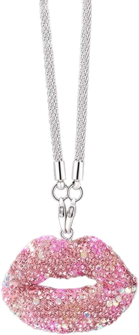 Bittwee Bling Lip Diamond Car Hanging Charm - Crystal Rhinestone Rear View Mirror Ornament, Rose Red
