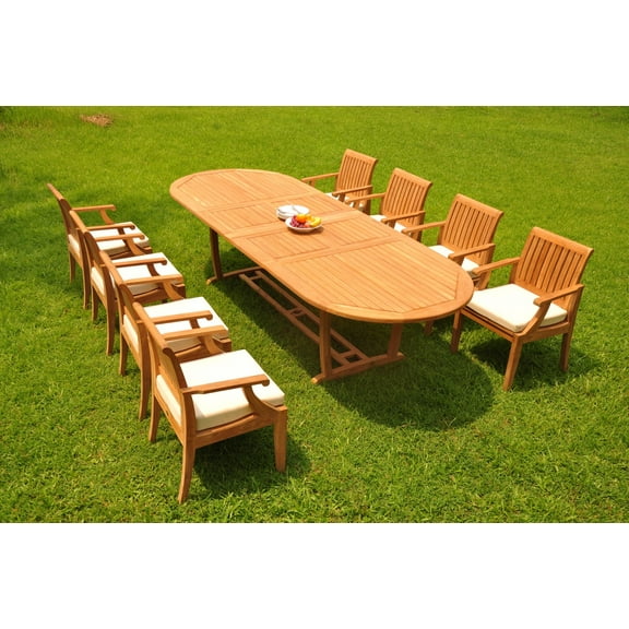 Grade-A Teak Dining Set: 8 Seater 9 Pc: 118" Double Extension Mas Oval Trestle Leg Table And 8 Lagos Arm Chairs Outdoor Patio WholesaleTeak #WMLG23