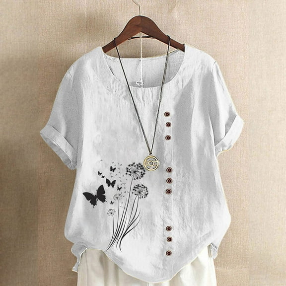 iHengLiXing Plus Size Womens Tops Dressy Casual Women Casual And Linen Round-Neck Top Printed Short Sleeve Button T-shirt Blouse White L