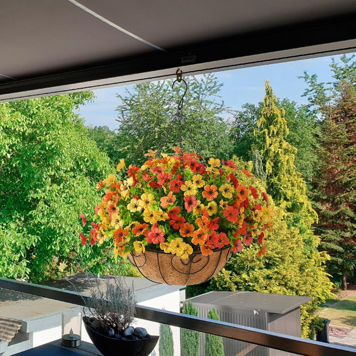 Artificial Faux Hanging Plants Flowers Basket Outdoor Indoor Patio Lawn Garden Spring Decor,Fake Silk Daisy in Basket with 12inch Coconut Lining Chain Palm Flowerpot(Red Orange Yellow)