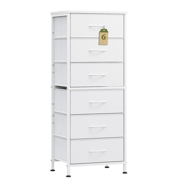 Cómoda WLIVE, blanca, alta, 6 cajones, con compartimentos de tela y tapa de madera