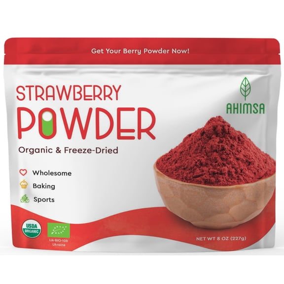 Ahimsa, Organic Freeze Dried Strawberry Powder, for Smoothie, Milk and Backing, USDA Certified, Fruit Drink Powder 8 OZ