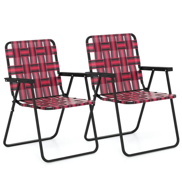 Patiojoy Set of 2 Webbed Lawn Chairs, Outdoor Patio Folding Chairs w/ Heavy-Duty Metal Frame Lightweight Portable Web Camping Chairs Red