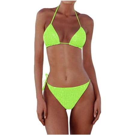 WELOIJEVBE Sequin Bikini Set  2 Piece Womens Bikini Swimsuits Halter Triangle Tops & Tie Side Bikini Bottom Thong   Cheeky Sexy Swimwear for 2025 Vacation Beach Wear
