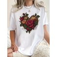 thumbnail image 1 of Camiseta De Mujer Verano Ropa Informal Suelta Camiseta Básica De Moda Para La Calle DiariaWomen'S Floral Heart Pattern Print T-Shirt, Casual Crew Neck Short Sleeve Tee, Comfortable Polyester Knit Fa, 1 of 6