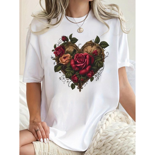 Camiseta De Mujer Verano Ropa Informal Suelta Camiseta Básica De Moda Para La Calle DiariaWomen'S Floral Heart Pattern Print T-Shirt, Casual Crew Neck Short Sleeve Tee, Comfortable Polyester Knit Fa