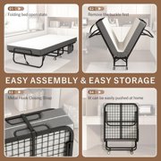 Twin Folding Bed with Mattress, 75 x 38 Portable Rollaway Bed for Adults, Metal Frame Foldable Guest Bed with Memory Foam Mattress, Daybed or Extra Sleeping Space with Side Storage Pocket