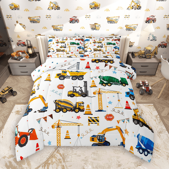 Manfei Cartoon Bulldozer Excavator Bedding Comforter Set 2pcs, Boys Tractors Twin Comforter Sets, Kids Construction Site Bedding Set, Luxury Bedroom Decor