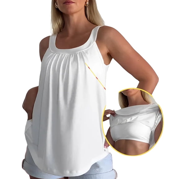 Textilo Women's Plus Size Tank Tops with Built In Bras Pleated Sleeveless Tops Wide Strap Square Neck Cami Tanks Shirts Loose Fit Comfy Lightweight Casual Flowy Undershirts,White L