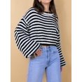 thumbnail image 4 of Women'S Vintage Striped Sweater Crew Neck Long Sleeve Cropped Color Block Casual Loose Knit Pullover Top Black M, 4 of 9