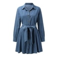 thumbnail image 6 of OSOLU Dresses Solid Color Women Classic Blue V Collar Long Sleeve Denim Dress Retro Buttons Pockets Dress Relaxed Fit Sundress Wedding Guest Dress, 6 of 9