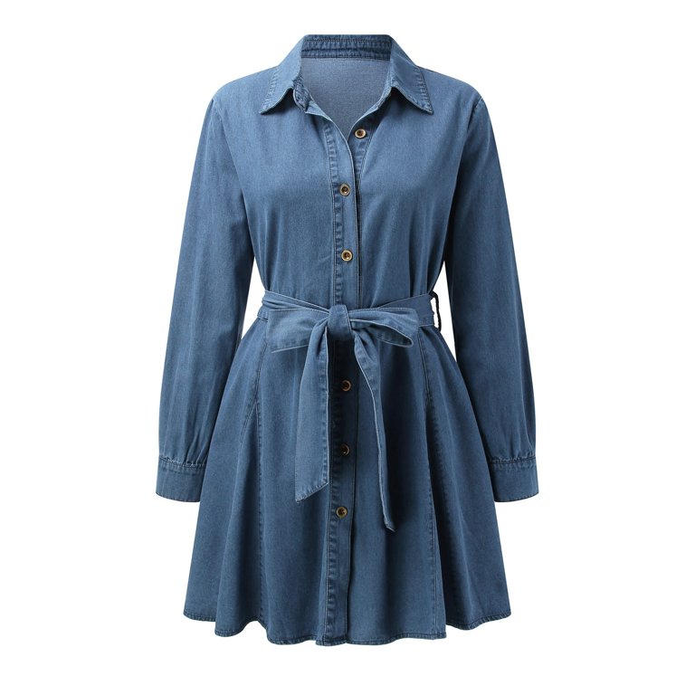 Womens Classic Blue V Collar Long Sleeve Denim Dress Retro Buttons Pockets  Dress Dresses Women Casual Summer Cute Shirt Dresses for Women Women ...