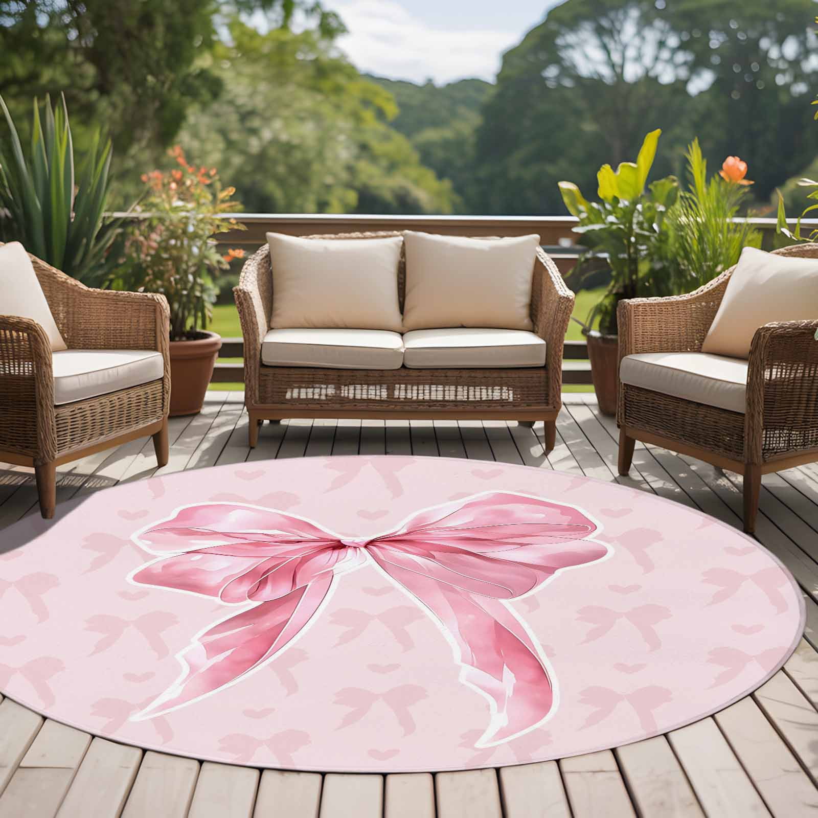 Pink Bow Round Area Rug 7Ft Washable Circle Rugs for Dorm Laundry Room, Cute Watercolor Girls Cartoon Luxury Non-Slip Carpet Floor Mats Indoor Outdoor Carpet Runner Aesthetic Home Decor