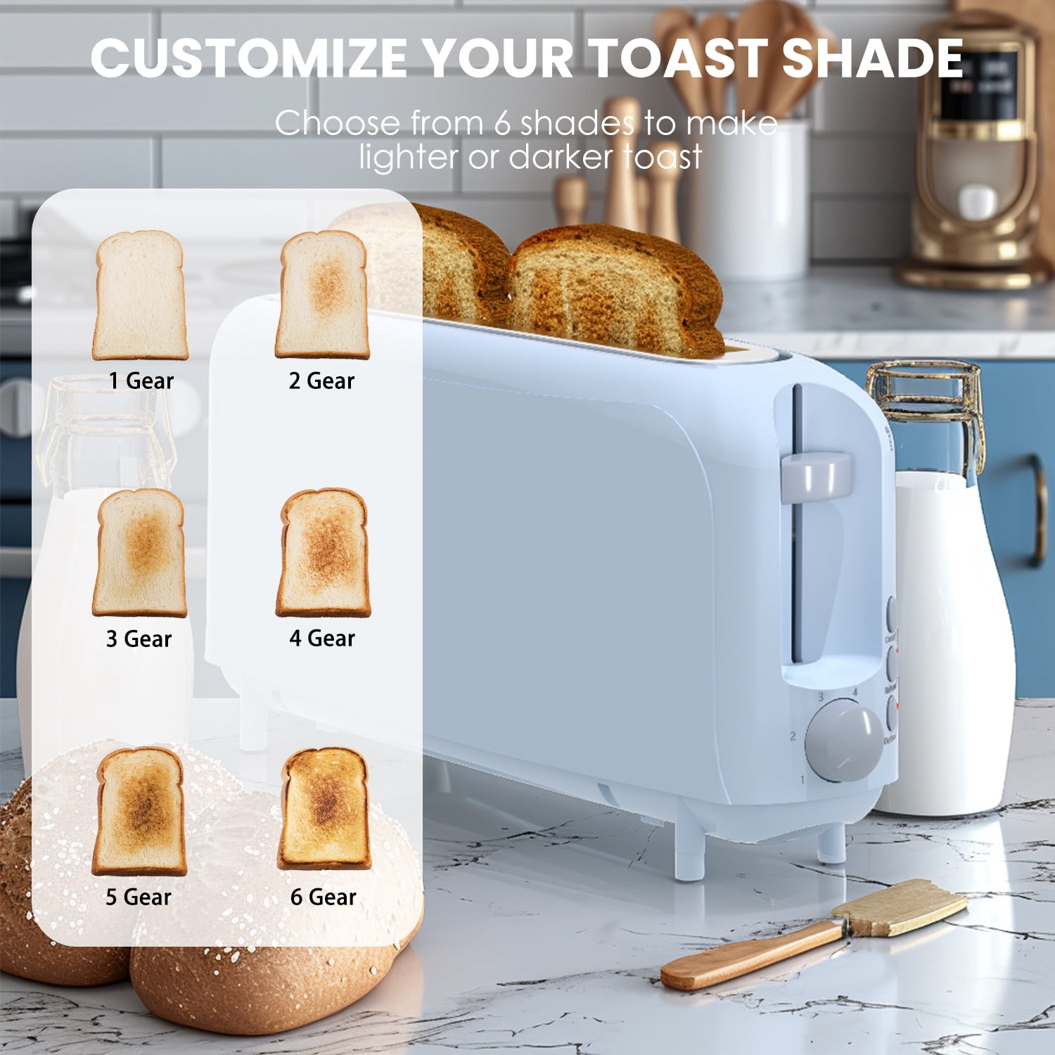 Slim 2-Slice Toaster, 10" Long Slot,6 Shade Settings with Cancel, Reheat & Defrost, Auto Shut off, Removable Crumb Tray，Blue