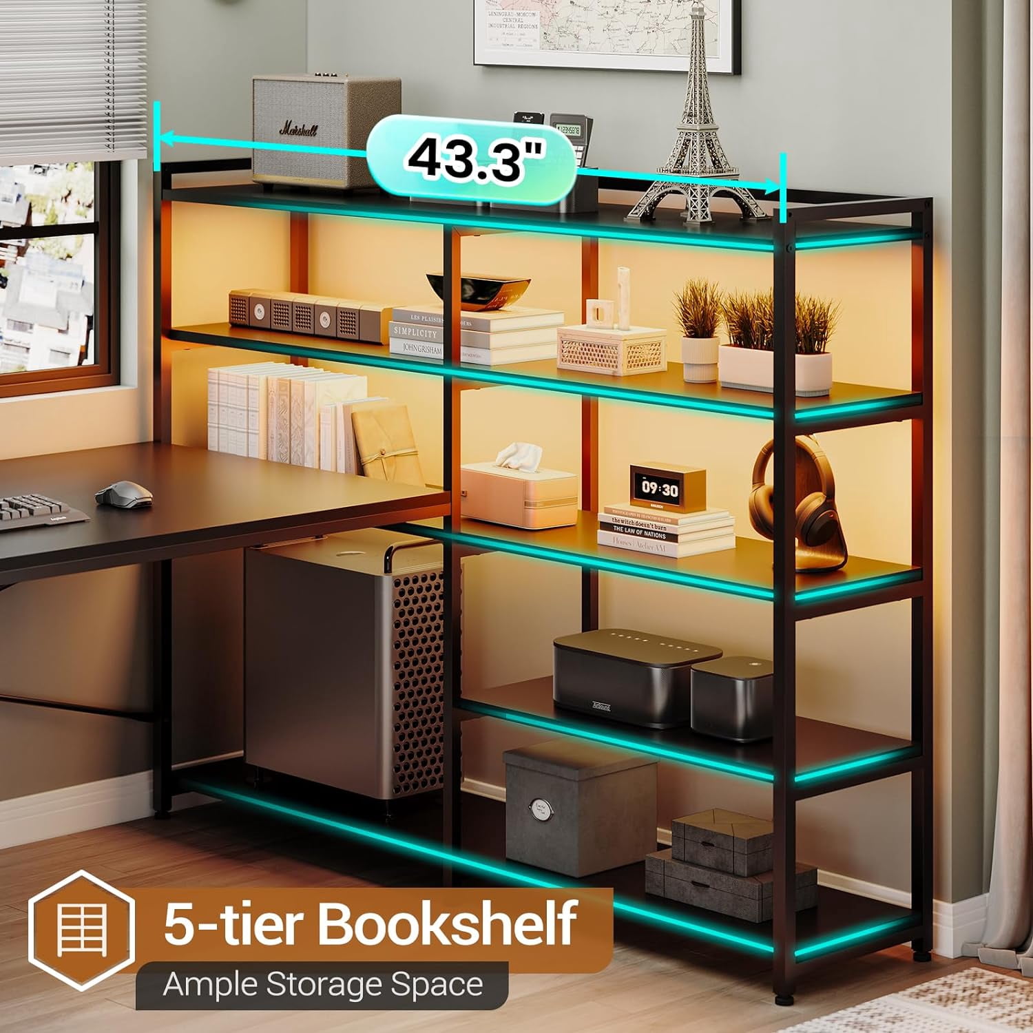 Black Computer Desk with Drawers, 64.5" Reversible Office Desk with Fabric File Drawer, Corner Computer Desk with Power Outlet & LED Strip and Storage Bookshelf