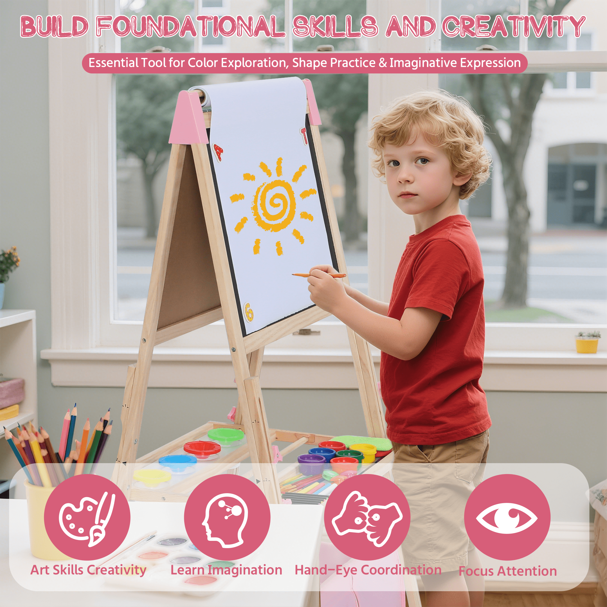 AILEEKISS Kids Art Easel Double-Sided Art Easel with Whiteboard and Chalkboard for Painting, Pink