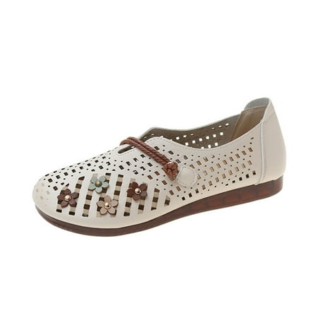 

Women Slip On Sneakers Vintage and Elegant Style PU Walking Shoes with Flower Decors Footwear Size 35-41 37 Beige