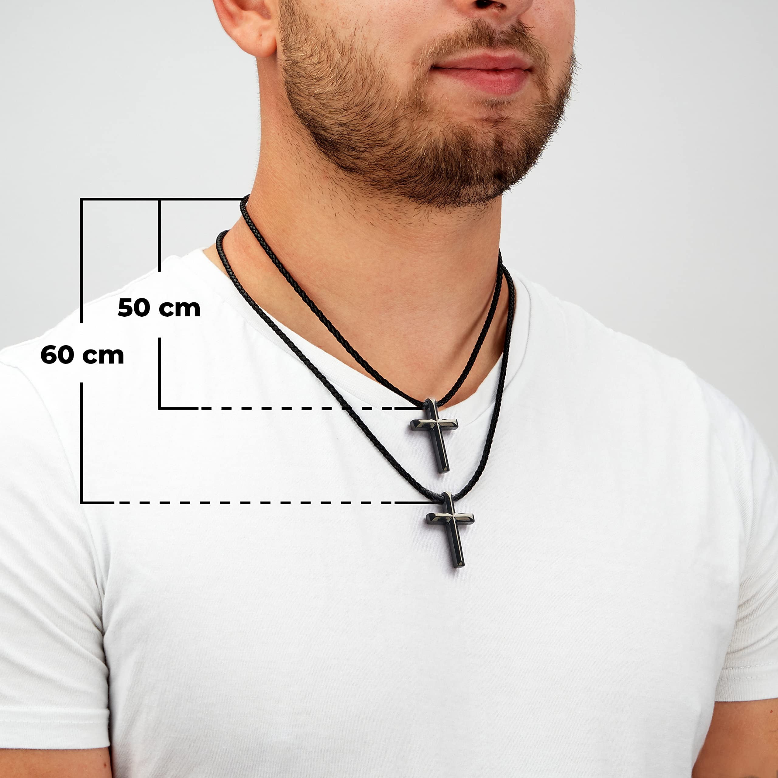 SERASAR Men's Genuine Leather Necklace "Cross" with Stainless steel Pendant and Magnetic Closure, Black 60cm, incliding Gift box