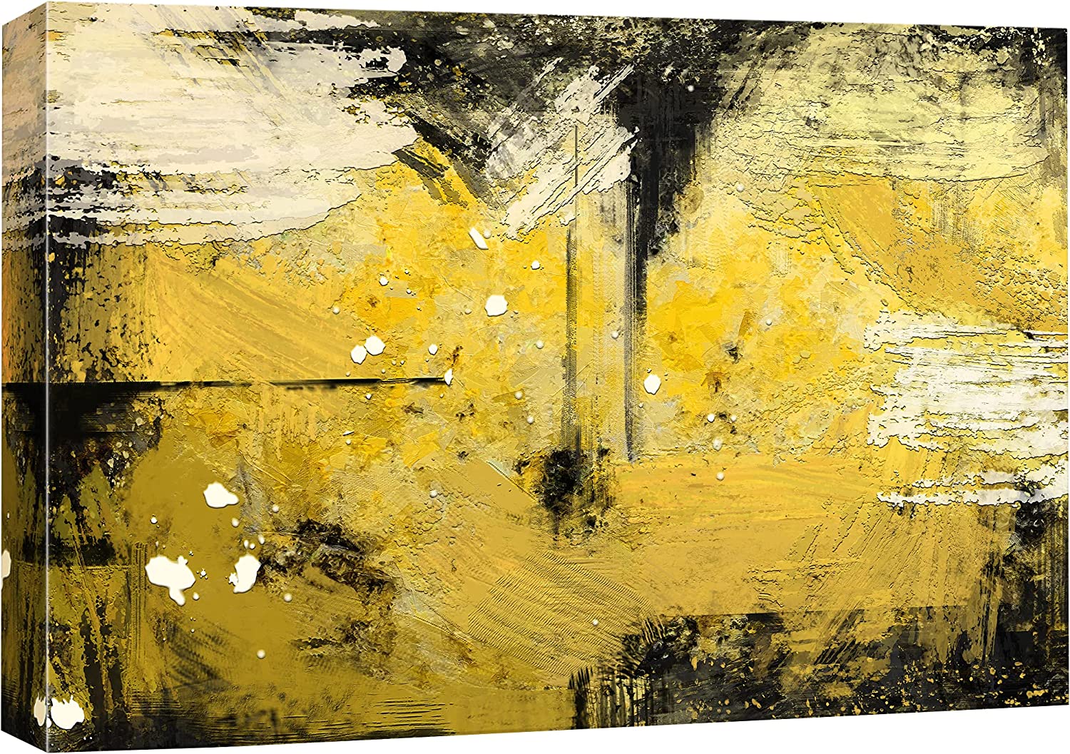 Canvas Print Wall Art Black, Gold & White Paint Strokes and Dots Abstract Shapes Illustrations