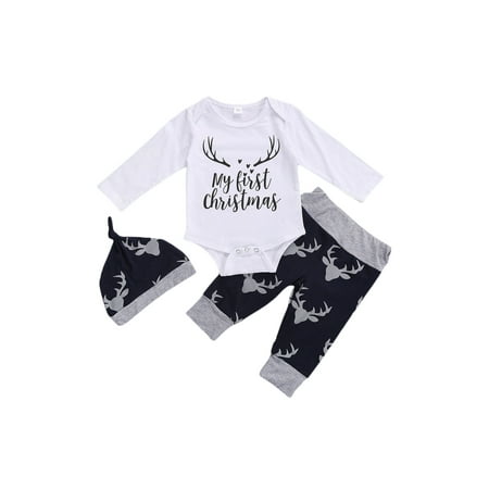 

3Pcs My 1st Christmas Outfits Newborn Baby Boy Clothes Romper Elk Pants Hat Set
