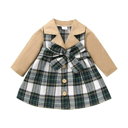 

YWDJ 3 Months-3 Years Christmas Girl Dresses Toddler Fall Winter Plaid Patchwork Windbreaker Dress Green 12-18 Months