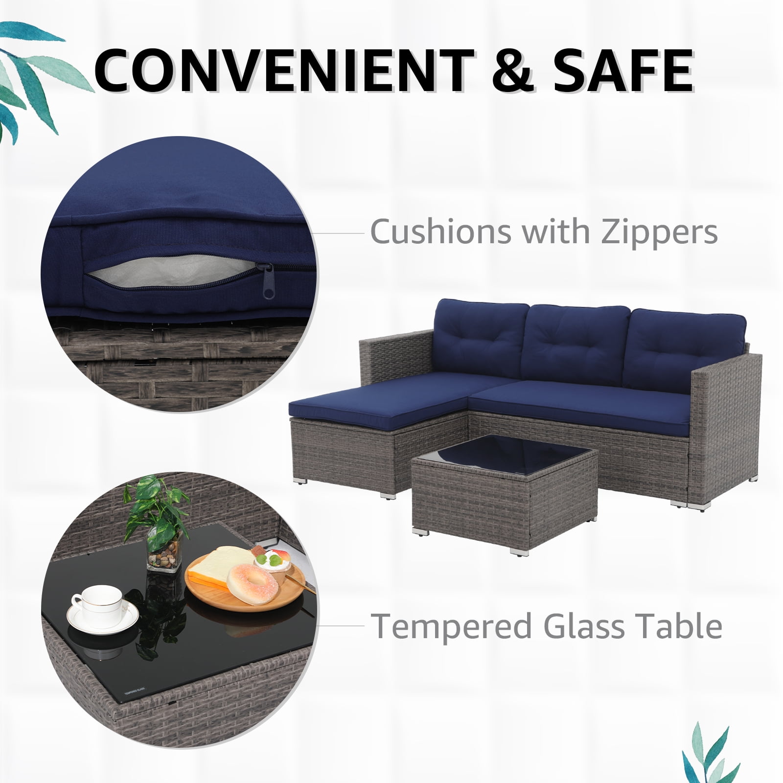 OC Orange-Casual 5-Piece Outdoor Sectional Sofa Set with Glass Coffee Table Grey Rattan & Navy Blue Cushion