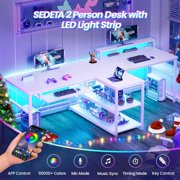 94.5 Computer Gaming Desk with Storage and LED Lights, Power Strip & Keyboard Tray & Monitor Stand, Extra Long Double Desk for 2 Person, White