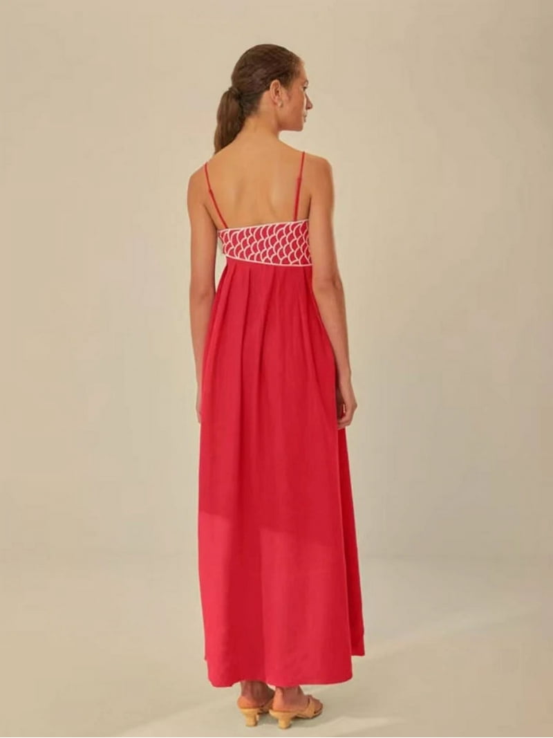 Red Embroidered Koi Halter Dress - V Neck A Line Mid-Calf Dress For Women