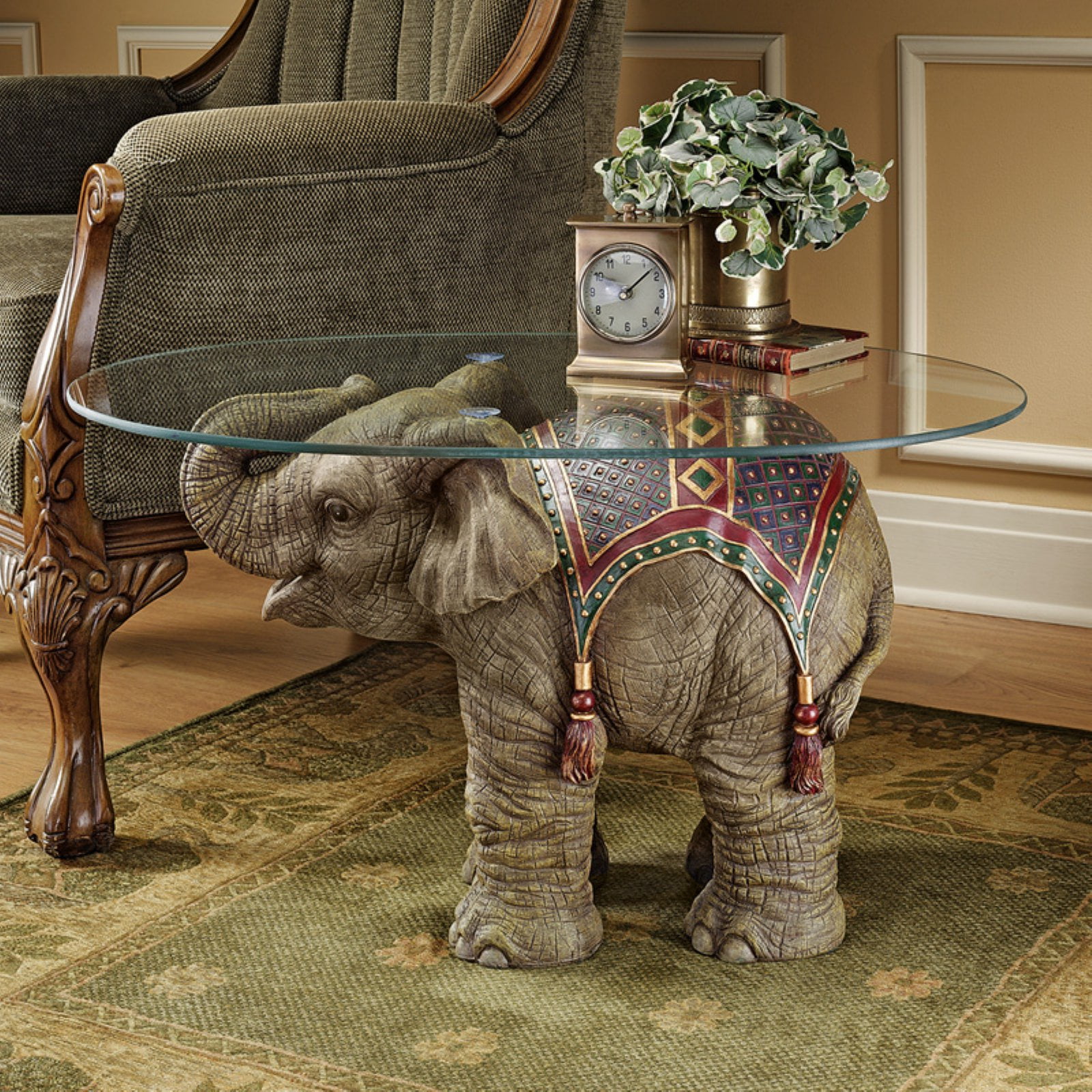 Good Fortune Elephant Sculpture Design Toscano Exclusive 21½" Glass Topped Table 