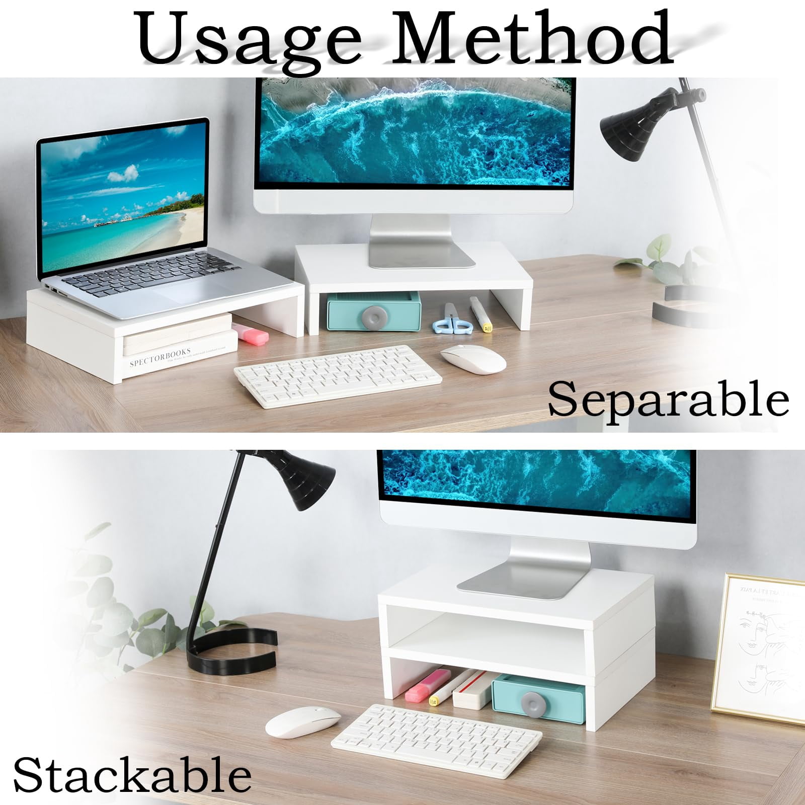 White Monitor Stand Riser - 2 Pack  Wood 2 Tier Adjustable Dual For Laptop/pc Computer Desk
