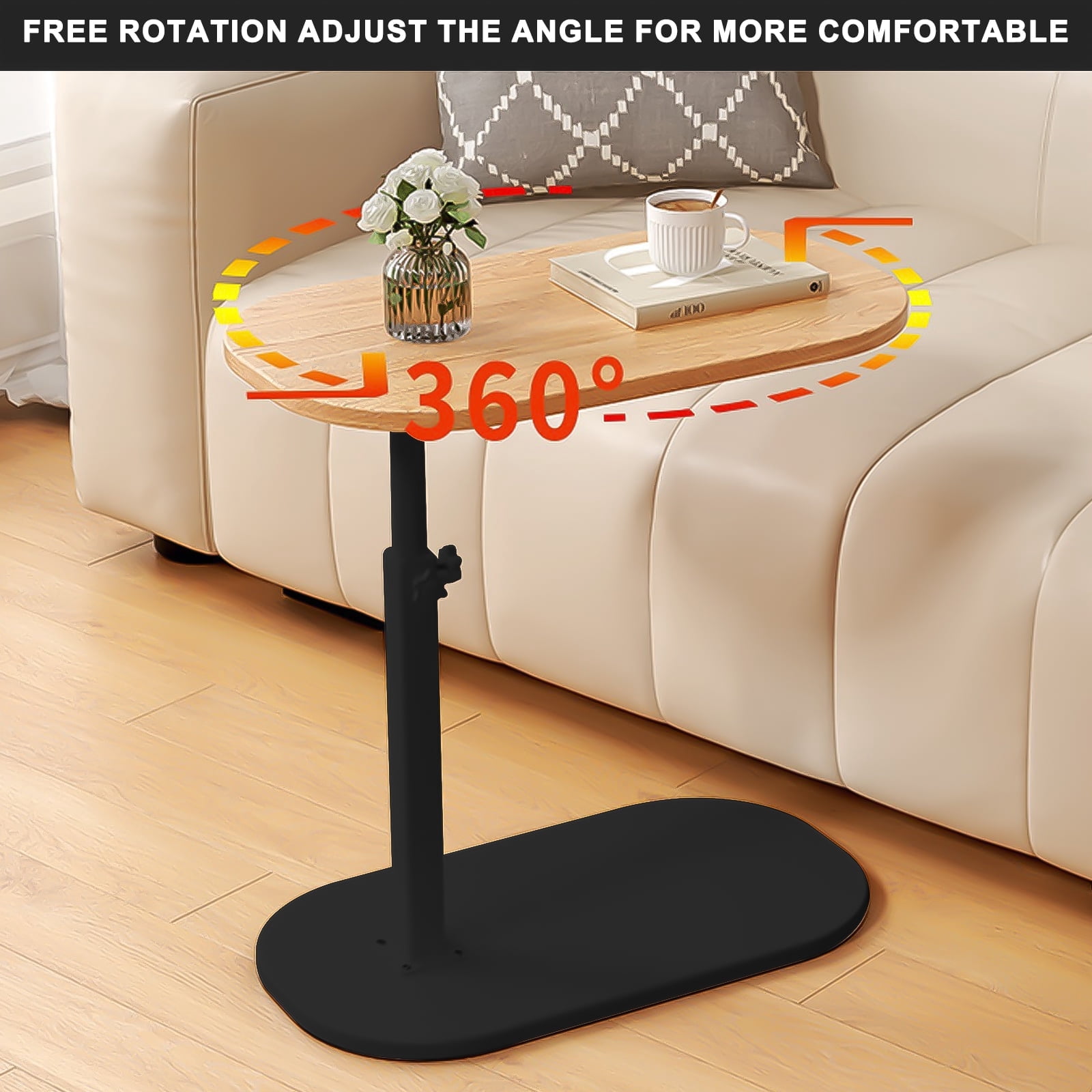 VEGCOO  Adjustable TV Tray Table Side Table Tray, C Table End Table, Bamboo Table, 360°Swive Adjustable Height Tray Table for Bed or Sofa, Living Room, Bedroom  with Phone and Tablet Slots