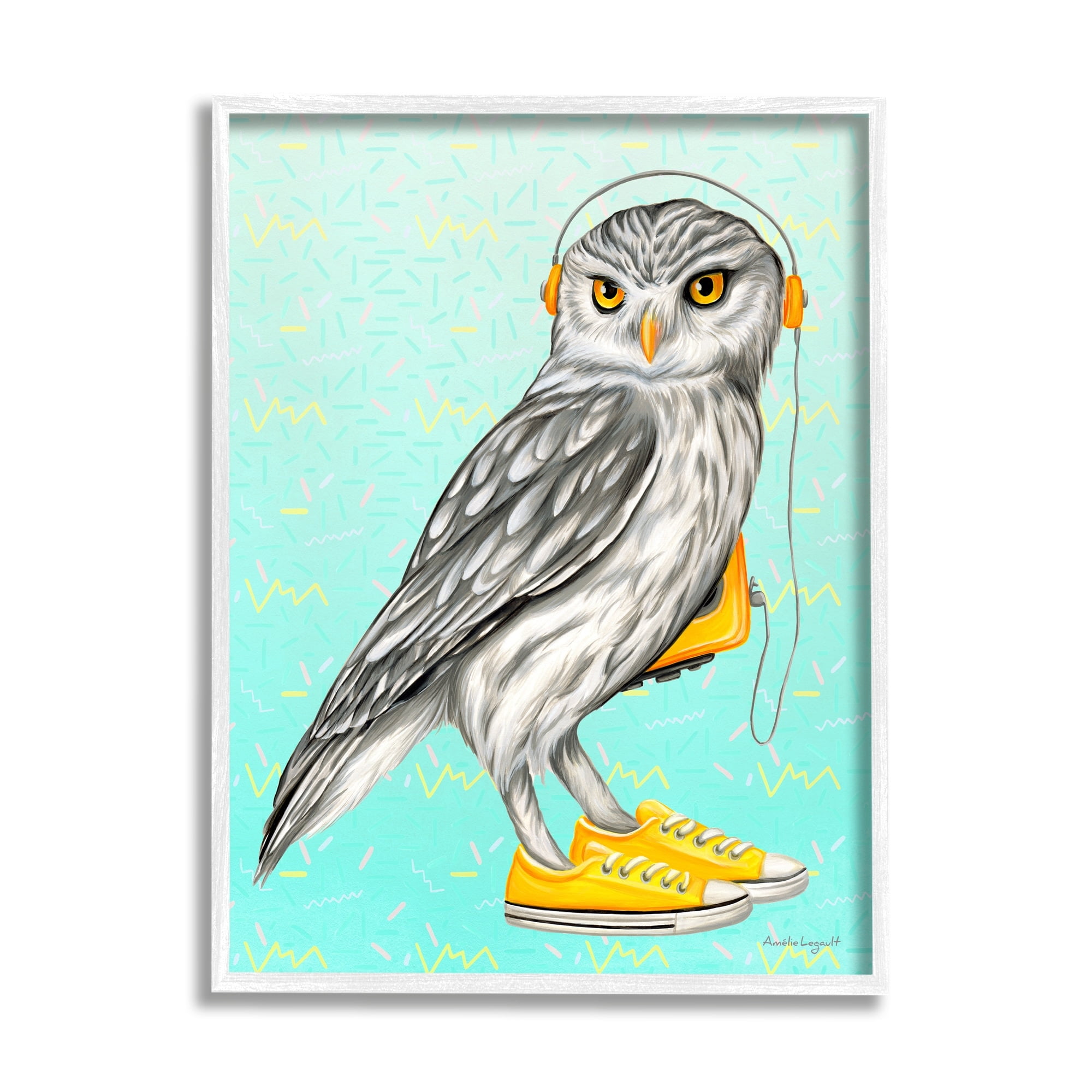 Stupell Industries Owl Wearing Yellow Sneakers Headphones Retro Pattern Graphic Art White Framed Art Print Wall Art, Design by Amelie Legault