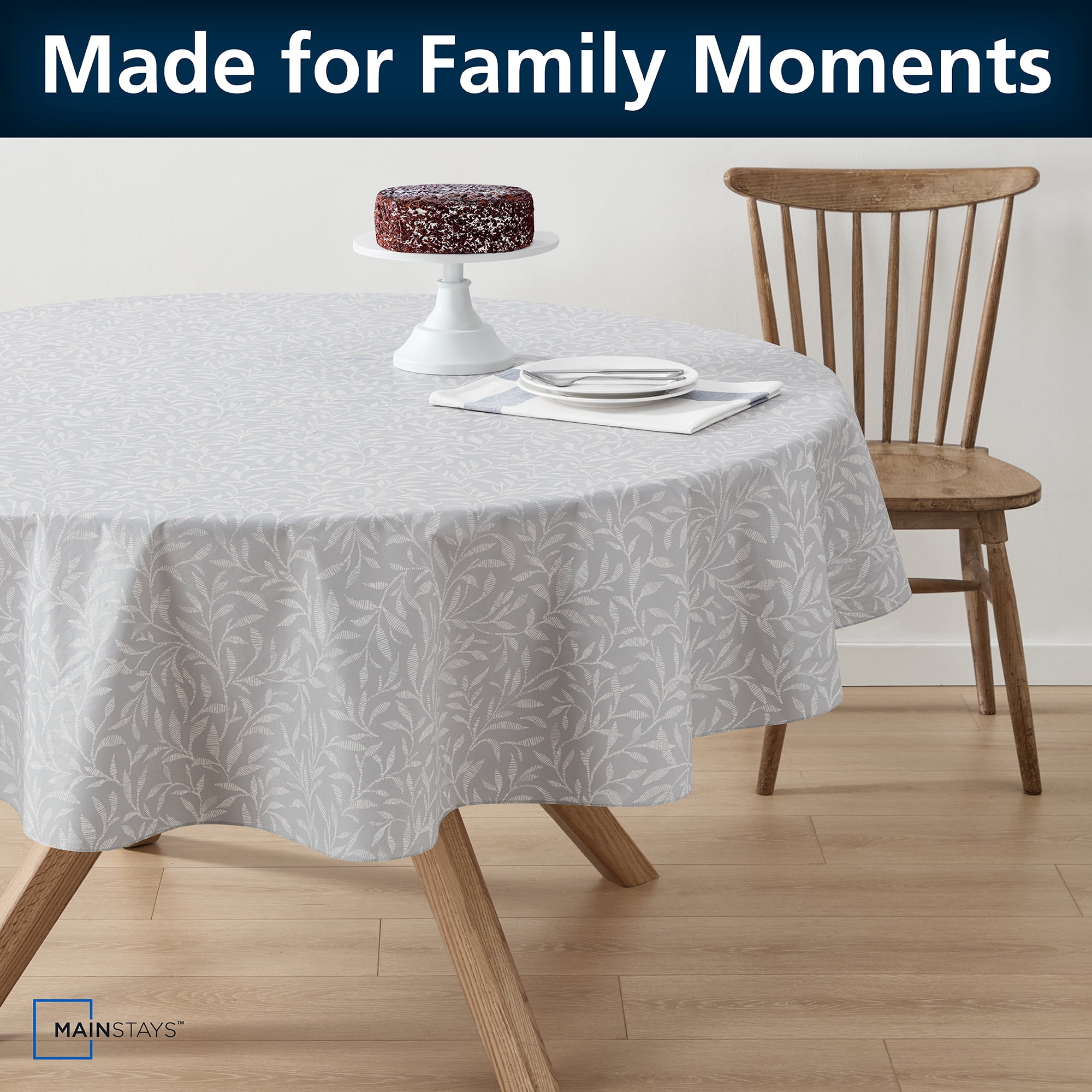 Mainstays PEVA Everyday, Indoor & Outdoor Tablecloth 70" Round, Grey Leaf