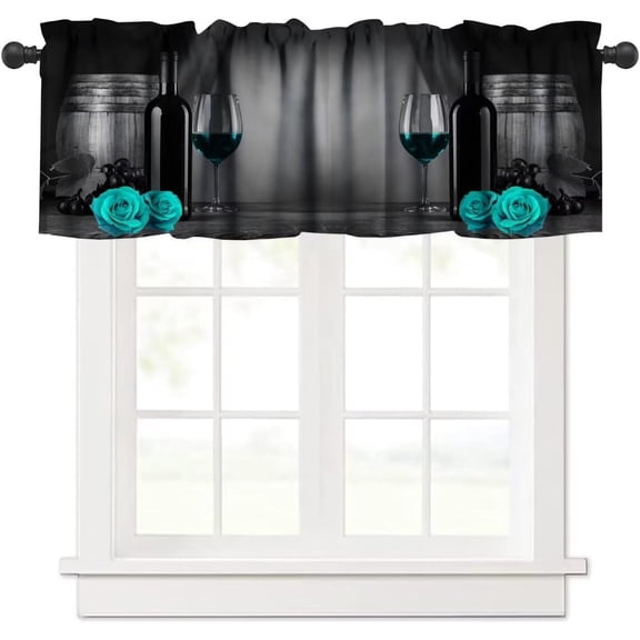 Blue Wine Valance, Romantic Teal Rose Flower Grape Country Farm Vintage Rustic Cellar Wooden Print Short Window Treatments for Kitchen Cafe Bedroom, 54x18in
