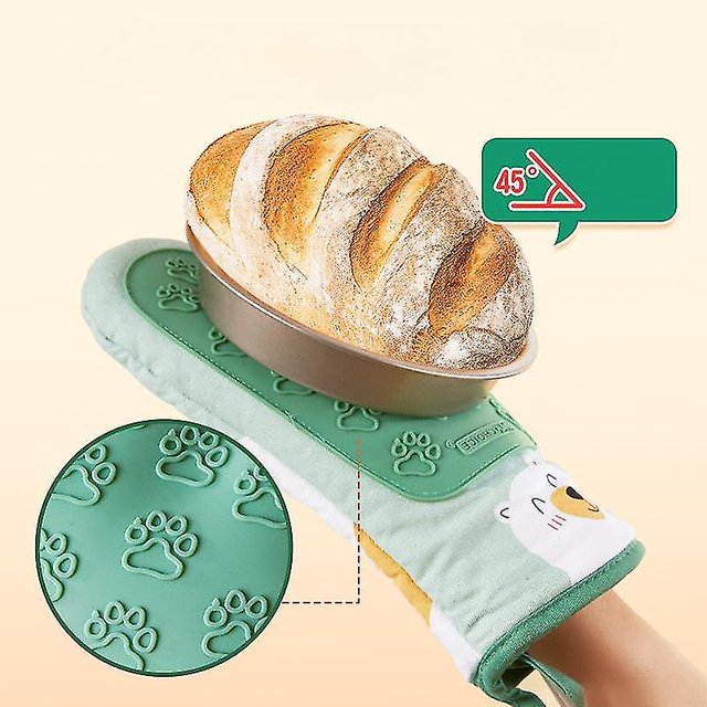 Shxx Green Left Handmicrowave Heat Insulation And Anti-scalding Silicone Gloves Thickened Kitchen Oven High Temperature Resistant Special Cartoon Glov