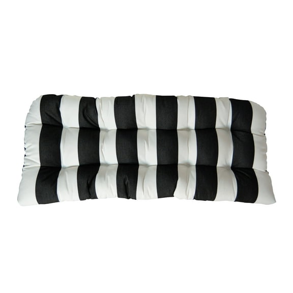 RSH Décor Indoor Outdoor Single 41"x19" Tufted Wicker Loveseat Settee Weather Resistant, Sunbrella Cabana Classic Black and White Stripe
