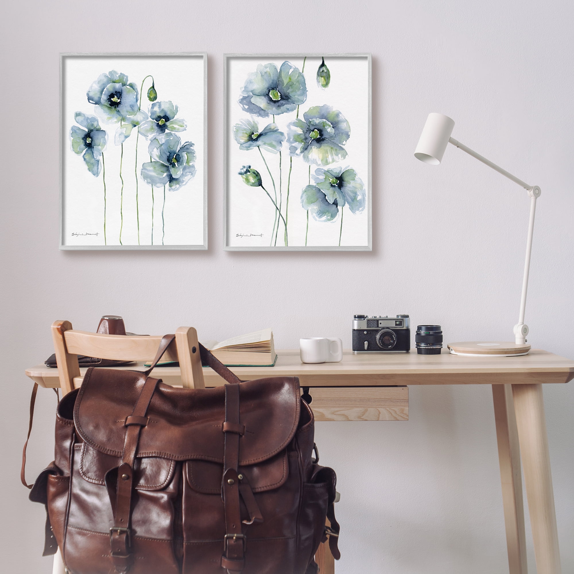 Stupell Blue Poppies Blooming Garden Flowers Botanical & Floral Painting Gray Framed Art Print Wall Art, Set of 2