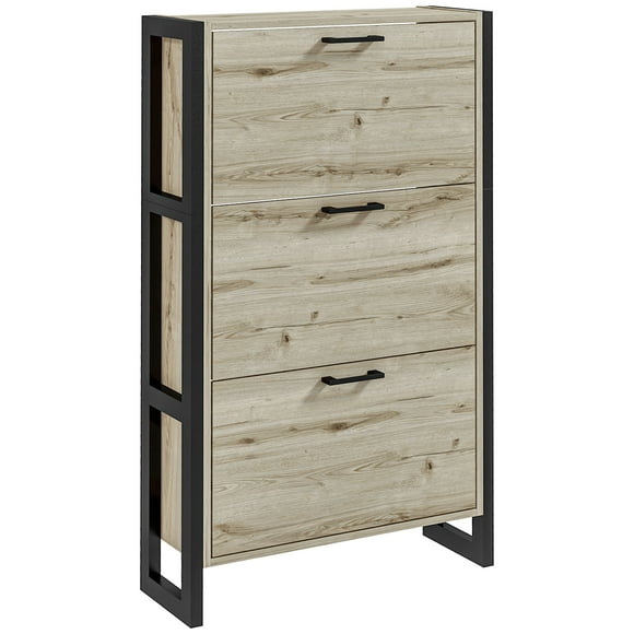 HOMCOM Shoe Cabinet with 3 Flip Drawer Cabinet, Walnut