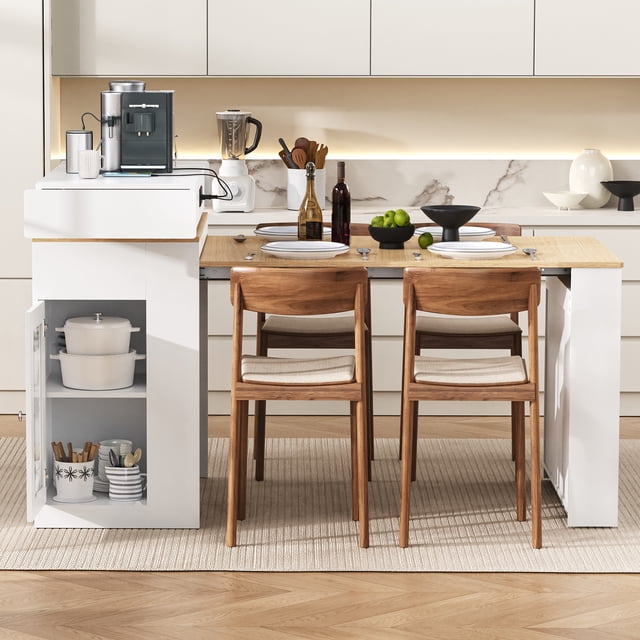 Extendable Dining Table with Folding Tabletop,57.7" Kitchen Storage Island Bar Table with Wheels & Hooks,2 Drawers and Power Outlet,Modern Sideboard with Adjustable Shelves & Open Shelves,White