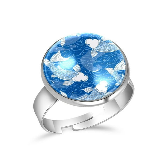 PhooArto Blue Fish Koi Wave Pattern Stainless Steel Rings for Women, Open Adjustable Ring Promise Ring Jewelry Gifts