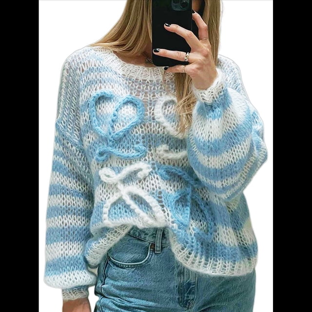 Suéter de Larga para Mujer, Otoño, Color Block, Cuello Redondo, Tejido, Tops Casuales de Moda. Azul M