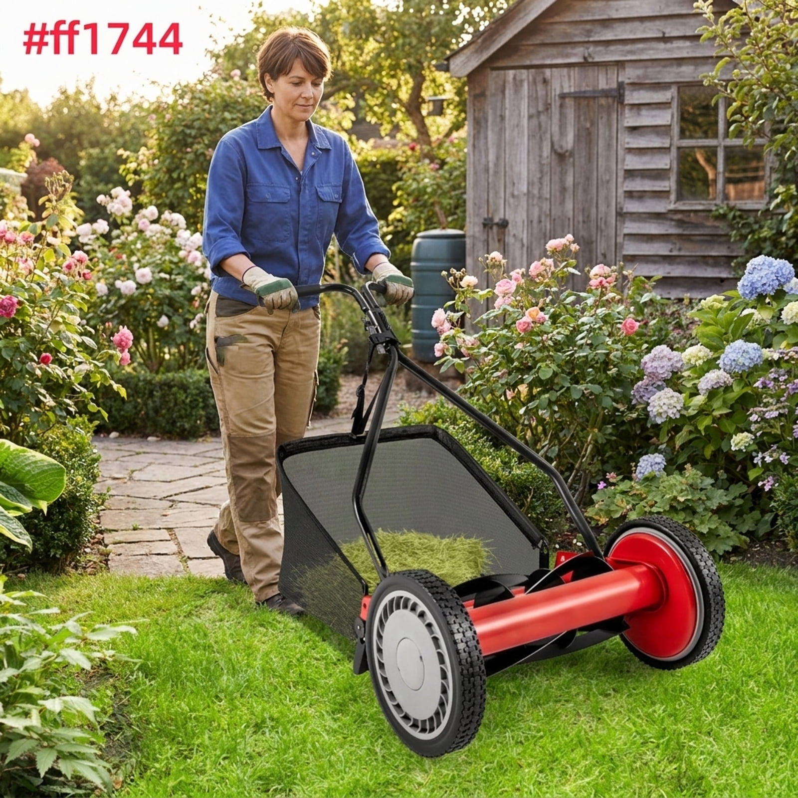 Biotree 16-Inch 5-Blade Push Reel Lawn Mower with 7-Gallon Grass Catcher Bag 4 Height Settings Foam-Grip Handle - Green